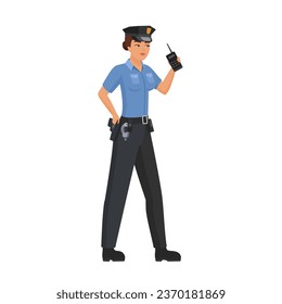 Policewoman with walkie talkie radio. Female police officer guardian cartoon vector illustration