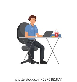 Policewoman working at office table. Police officer working at computer cartoon vector illustration