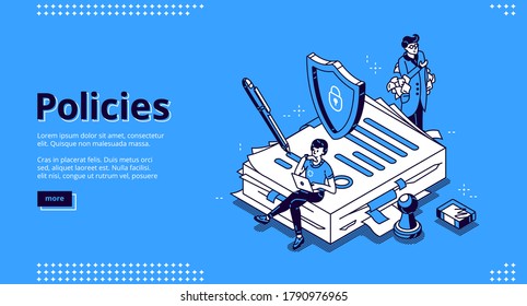 Policies banner. Business documents for law compliance, legal regulation quality and procedures. Vector landing page of guideline, rules and agreement with isometric people and paperwork