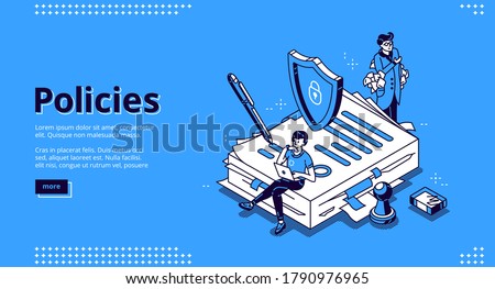 Policies banner. Business documents for law compliance, legal regulation quality and procedures. Vector landing page of guideline, rules and agreement with isometric people and paperwork