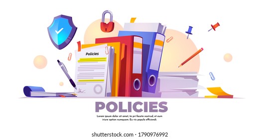 Policies Banner. Concept Of Business Documents For Law Compliance, Legal Regulation Quality And Procedures. Vector Landing Page Of Guideline, Rules And Agreement With Cartoon Paperwork Illustration