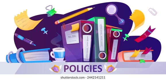 Policies banner. Design for landing page of user agreement, rules or guidelines. Workspace with legal documents for business or law. Cartoon flat vector illustration isolated on white background