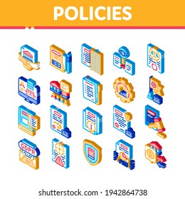 Políticas Iconos De Proceso De Datos Establecer Vector. Documentos Y Papel Isométricos, Contratos Y Estrategia, Ilegal Y Empresa, Seguros Y Políticas De Calidad Ilustraciones