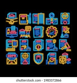 Policies Data Process neon light sign vector. Glowing bright icon  Document And Paper, Contract And Strategy, Law And Company, Insurance And Quality Policies Illustrations