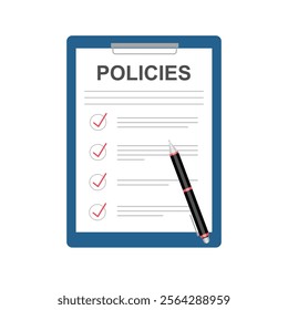 Policies document, Contract paper illustration. Business policy document concept vector illustration. Insurance policies. Regulation concept list document company clipboard and folder.