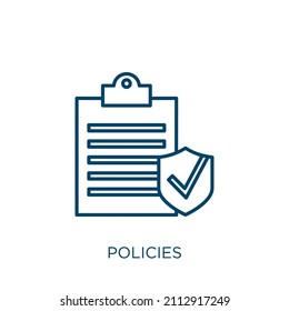 Policies Icon. Dünne lineare Richtlinien umreißen Symbol einzeln auf weißem Hintergrund. Zeilenvektorrichtlinienzeichen, Symbol für Web und Mobile