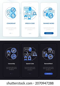 Policies on hate speech onboarding mobile app page screen. Censorship walkthrough 3 steps graphic instructions with concepts. UI, UX, GUI vector template with linear night and day mode illustrations