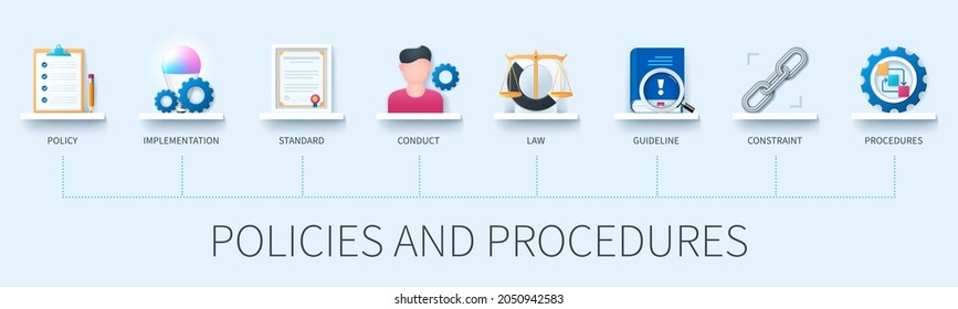 Policies and procedures banner with icons. Policy, implementation, standard, conduct, law, guideline, constraint, procedures icons. Business concept. Web vector infographic in 3D style