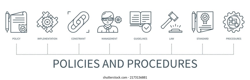 Policies And Procedures Concept With Icons. Policy, Implementation, Constraint, Management, Guidelines, Law, Standard, Procedures. Web Vector Infographic In Minimal Outline Style