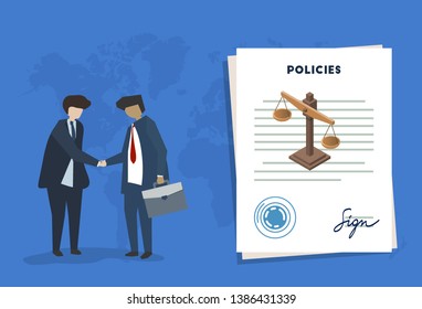 Policies regulation concept list document company clipboard and folder, vector illustration