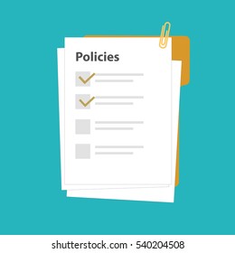 Policies regulation concept list document company clipboard and folder, vector illustration