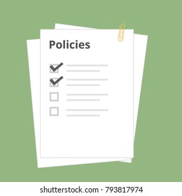 Policies regulation concept list document company with clipboard, square checkbock, vector illustration