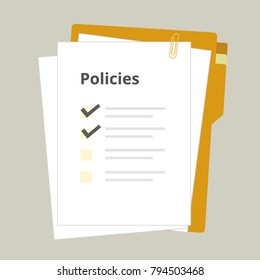 Policies regulation concept list document company clipboard and folder, vector illustration