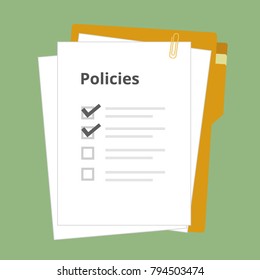 Policies regulation concept list document company clipboard and folder, vector illustration
