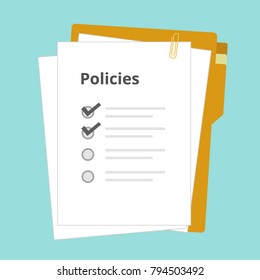 Policies regulation concept list document company clipboard and folder, vector illustration