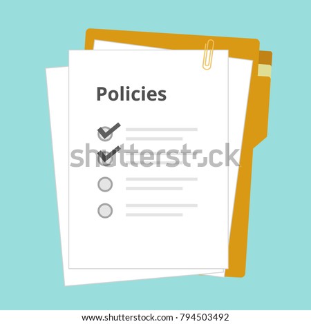 Policies regulation concept list document company clipboard and folder, vector illustration