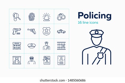 Policing line icon set. Policeman, gun, prison. Law concept. Can be used for topics like justice, punishment, investigation