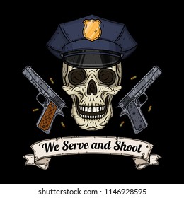 Policman. Vector illustration of human skull in police cap and two pistols