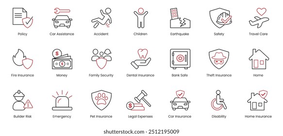 Policy, Car Assistance, Accident, Children, Earthquake, Safety, Travel Care, Fire Insurance, Money, Family Security, Dental Insurance, Bank Safety, Theft Insurance, Home, Builder Risk vector icons