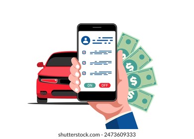 Policy car insurance online concept, Human hand holding smartphone with car, money on isolated background, Vector illustration.