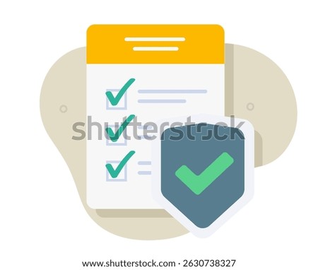 Policy claim protection shield icon vector, check list document secure safety sign symbol flat cartoon graphic illustration, insured checkmark checklist fraud warranty info image clip art