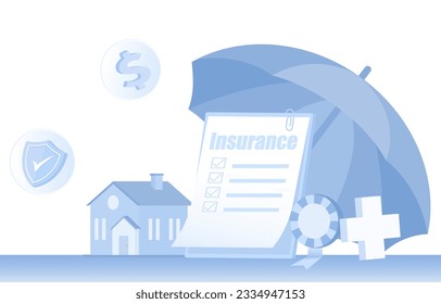 póliza, contrato, condición, documento de seguro de siniestros. Salud, finanzas, hipotecas inmobiliarias y servicios médicos. El concepto de protección y seguridad de los seguros. Ilustración de diseño de vector plano.