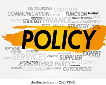 Policy - a course or principle of action adopted or proposed by an organization or individual, word cloud concept background