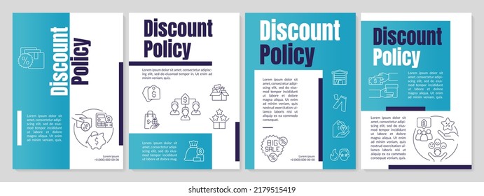 Policy of discount blue brochure template. Sale strategy. Leaflet design with linear icons. Editable 4 vector layouts for presentation, annual reports. Anton, Lato-Regular fonts used