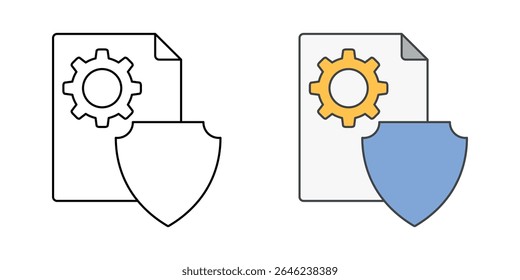 Ícone do documento de política de TI com documento, engrenagem e blindagem, em estilos de estrutura de tópicos e cores, ideal para ilustrar políticas de segurança, normas de TI e documentação de conformidade tecnológica.