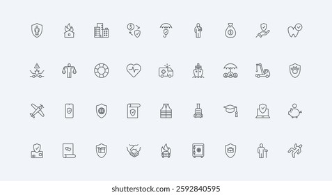 Policy and documents to protect health and life, property thin black outline symbols vector illustration. Insurance, accident coverage and natural disaster damage, claim line icon set