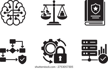 Policy Engine and Trust Algorithm Symbols for Zero Trust Architecture ZTA Network Security Solid Black Vector Silhouette Icon Set