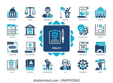 Policy icon set. Protocol, Procedures, Implementation, Decision Making, Guidelines, Administration, Regulation, Company. Duotone color solid icons