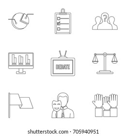 Policy icons set. Outline style set of 9 policy vector icons for web design