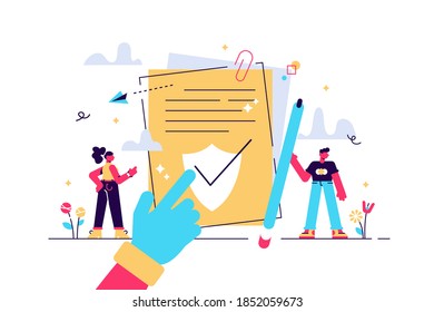 Policy as legal principles statement with text protocol tiny person concept. Procedure regulation document with security and risks administration vector illustration. Privacy data protection banner.