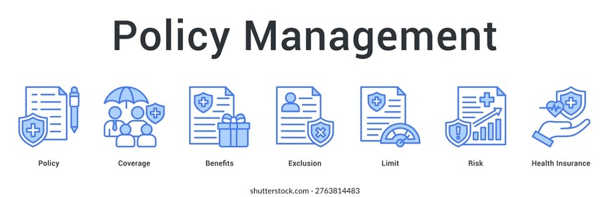 Policy management banner web icon outlines coverage terms, benefits, exclusions and risk limits for insurance contracts.