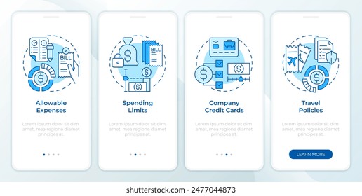 Policy of management expenses blue onboarding mobile app screen. Walkthrough 4 steps editable graphic instructions with linear concepts. UI, UX, GUI template. Montserrat SemiBold, Regular fonts used