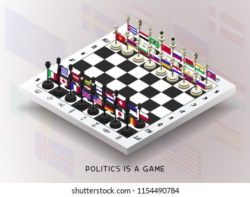 Policy. The policy is presented in the form of chess. Chess with flags of different countries. The pieces are moved to create different combinations and positions (checkmate, zugzwang, stalemate, chec