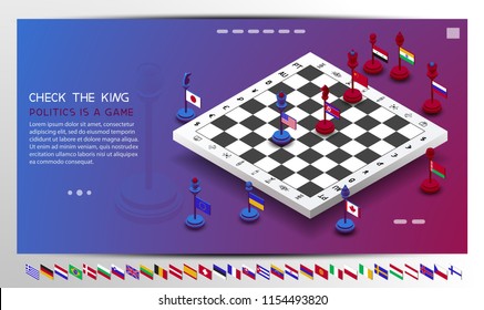 Policy. The policy is presented in the form of chess. The position of check the king is shown. Chess with flags of different countries. The shapes are moved to create different combinations and positi