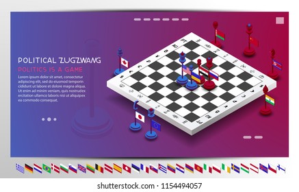 Policy. The policy is presented in the form of chess. The position of zugzwang is shown. Chess with flags of different countries. The shapes are moved to create different combinations and positions 