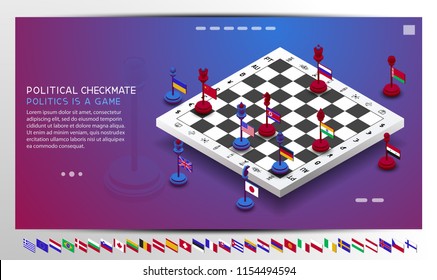 Policy. The policy is presented in the form of chess. The position of checkmate is shown. Chess with flags of different countries. The shapes are moved to create different combinations and positions 