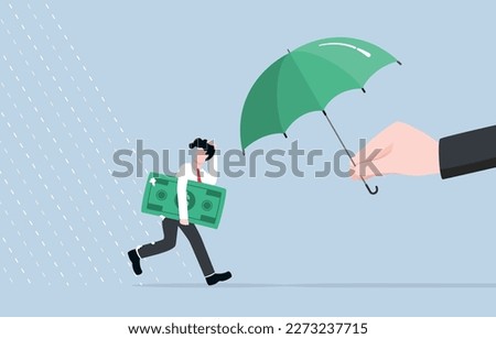 Policy response to help citizen during recession, fiscal and money stimulus, business help concept, Businessman with banknote running away from rain to umbrella which is spread by giant hand.