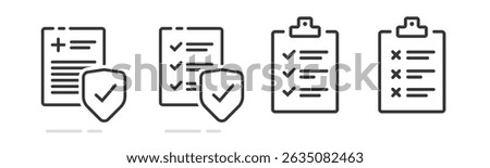 Policy shield insured line stroke icon simple minimal modern graphic vector set, checklist tick clipboard form sign symbol linear thin outline, assessment check mark quality audit image clipart