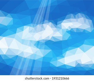 poligonal blue sky with white clouds and rays of light