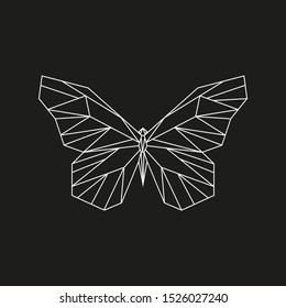 Poligonal butterfly on black background, simple triangle monochrome butterfly 