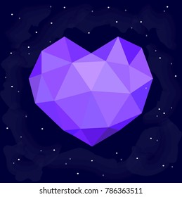 Poligonal heart on the dark night sky  with stars. Vector background for valentine's card, love poster and wedding, greeting, invitation cards.Constellation in the form of heart.