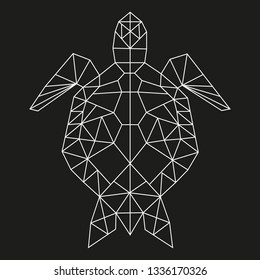 Poligonal turtle on black background, black&white illustration