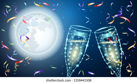 Poligonal Two glass of wine. Huge full moon and starry sky. Colorful shiny confetti. Beautiful Night vector Illustration