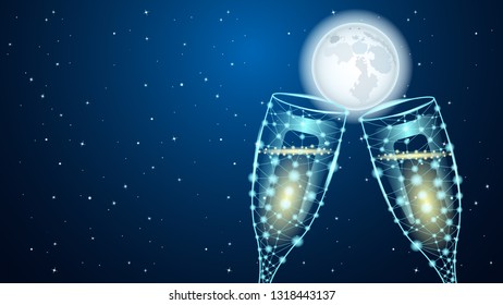 Poligonal Two glass of wine. Huge full moon and starry sky. Beautiful Night vector Illustration