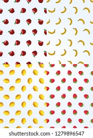 Poligonal vector fruits pattern. Apples, bananas, lemons, raspberries.