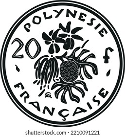 Polinesia coin 20 franc black design handmade vector